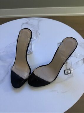 PrettyLittleThing Black Clear Strap Block Heel Sandals